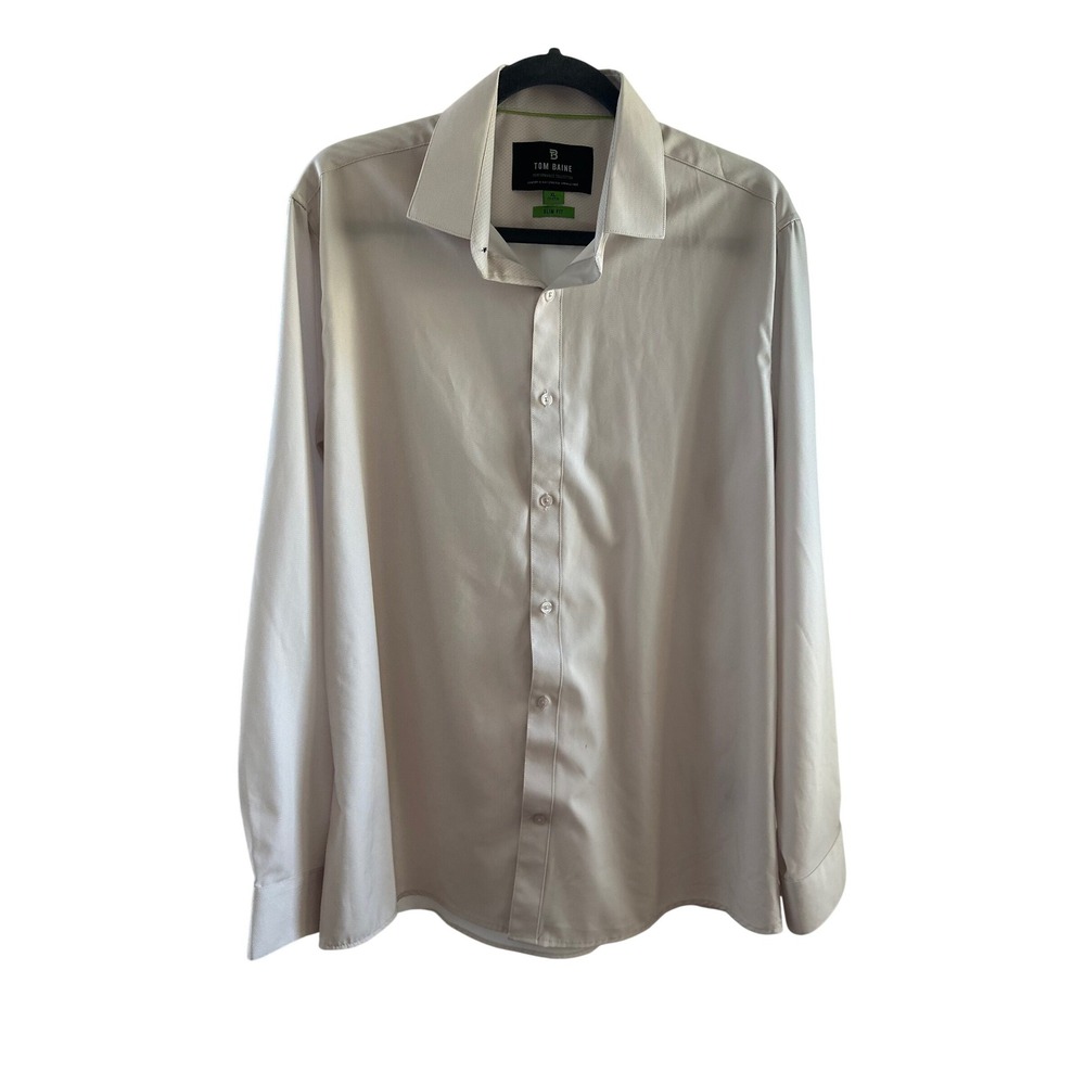Tom Baine Performance Dress‎ Shirt XL 17-17.5 Slim Fit Tan Herringbone Stretch
